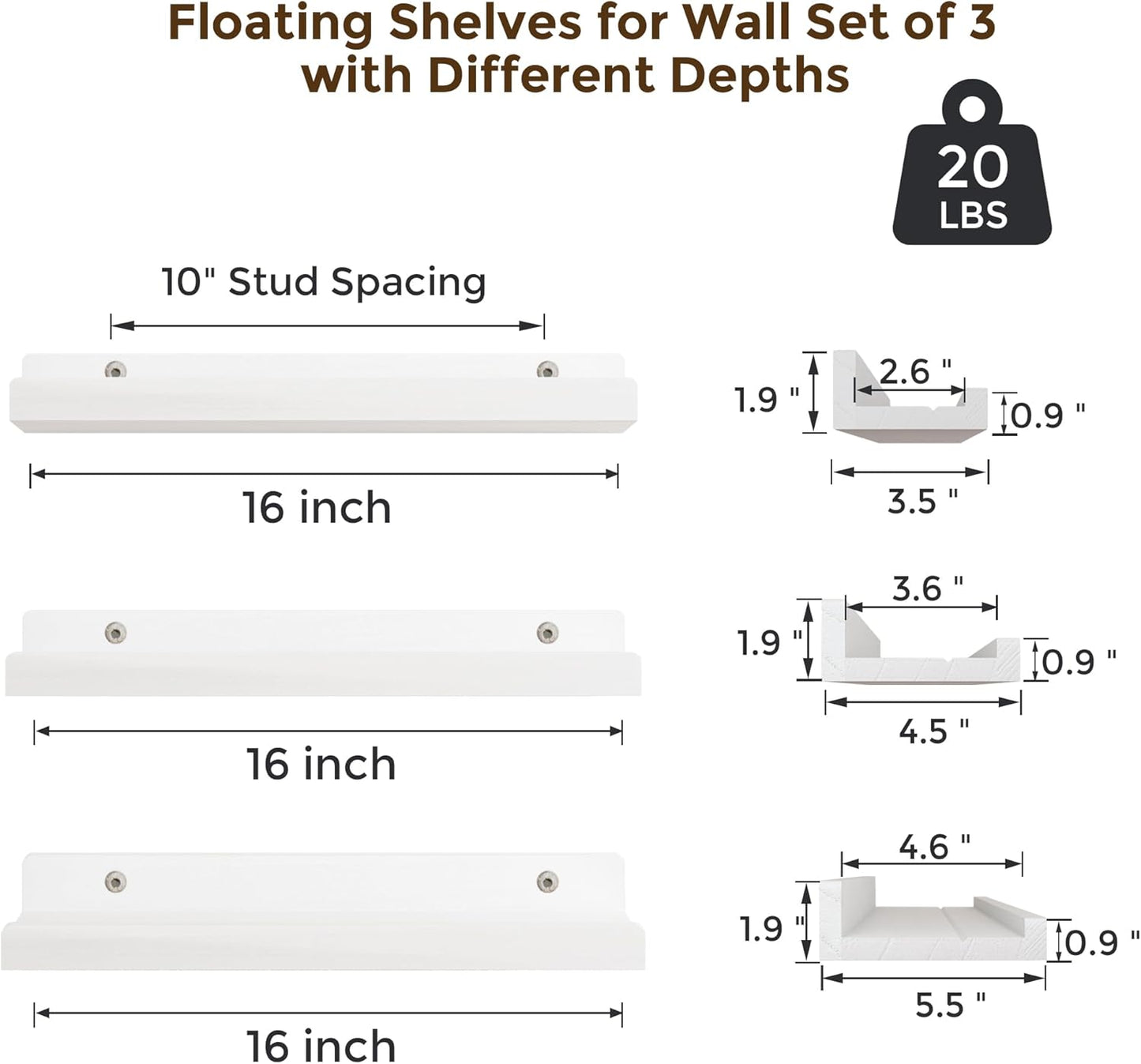 16 inch Set 3, Floating Shelves for Wall, Solid Wood Picture Ledge Shelf for Wall Storage, Nursery Book Shelves