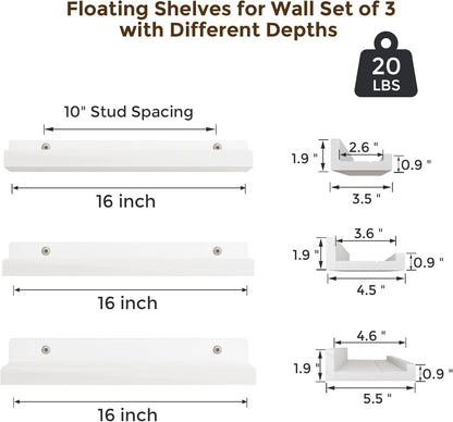 16 inch Set 3, Floating Shelves for Wall, Solid Wood Picture Ledge Shelf for Wall Storage, Nursery Book Shelves