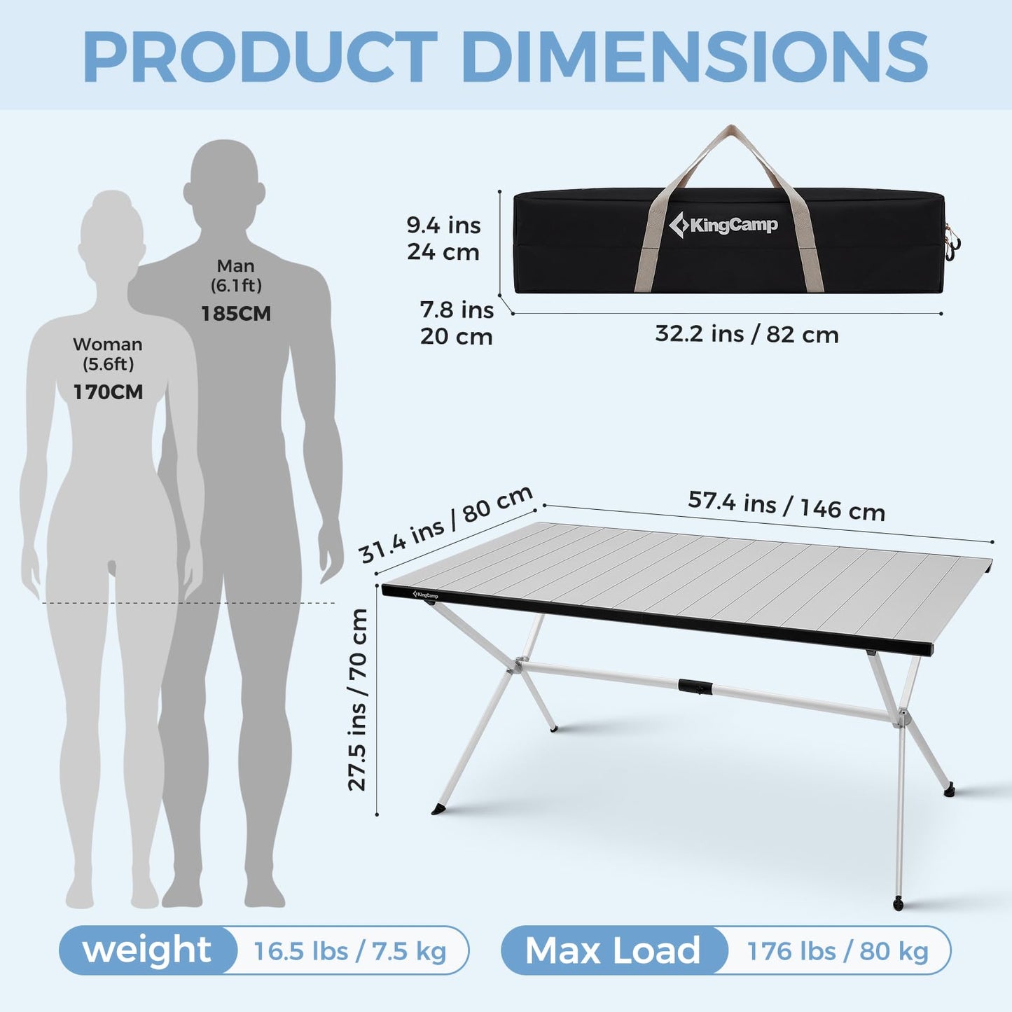 KingCamp Large Folding Camping Table Aluminum Roll Up Table Oversized Camp Table Stable Portable Outdoor Folding Table for Picnic Camping BBQ Backyard Party, 57.4''×31.4'' 6-8 Person,Support 176lbs