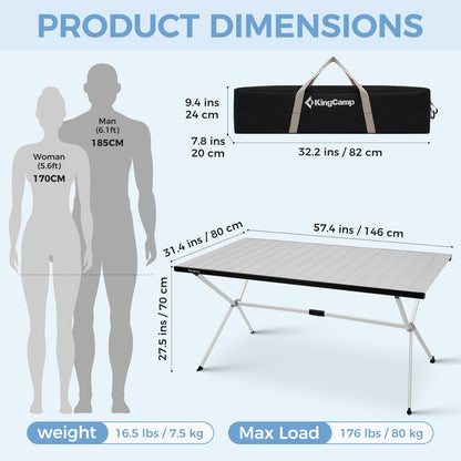 KingCamp Large Folding Camping Table Aluminum Roll Up Table Oversized Camp Table Stable Portable Outdoor Folding Table for Picnic Camping BBQ Backyard Party, 57.4''×31.4'' 6-8 Person,Support 176lbs