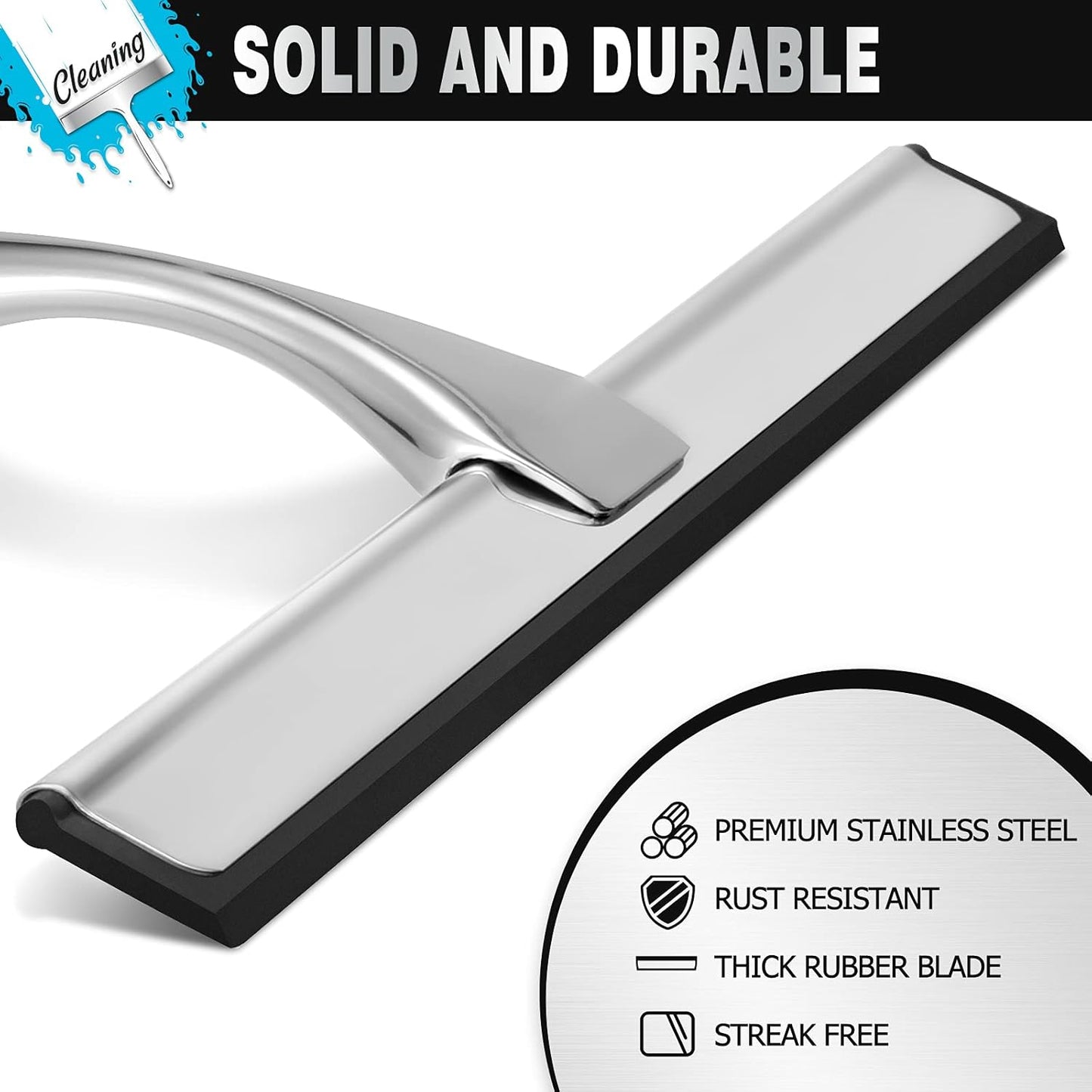 NETANY Shower Squeegee, 10-Inch Silver Stainless Steel Squeegee for Bathroom, Shower Doors, Mirrors, Tiles