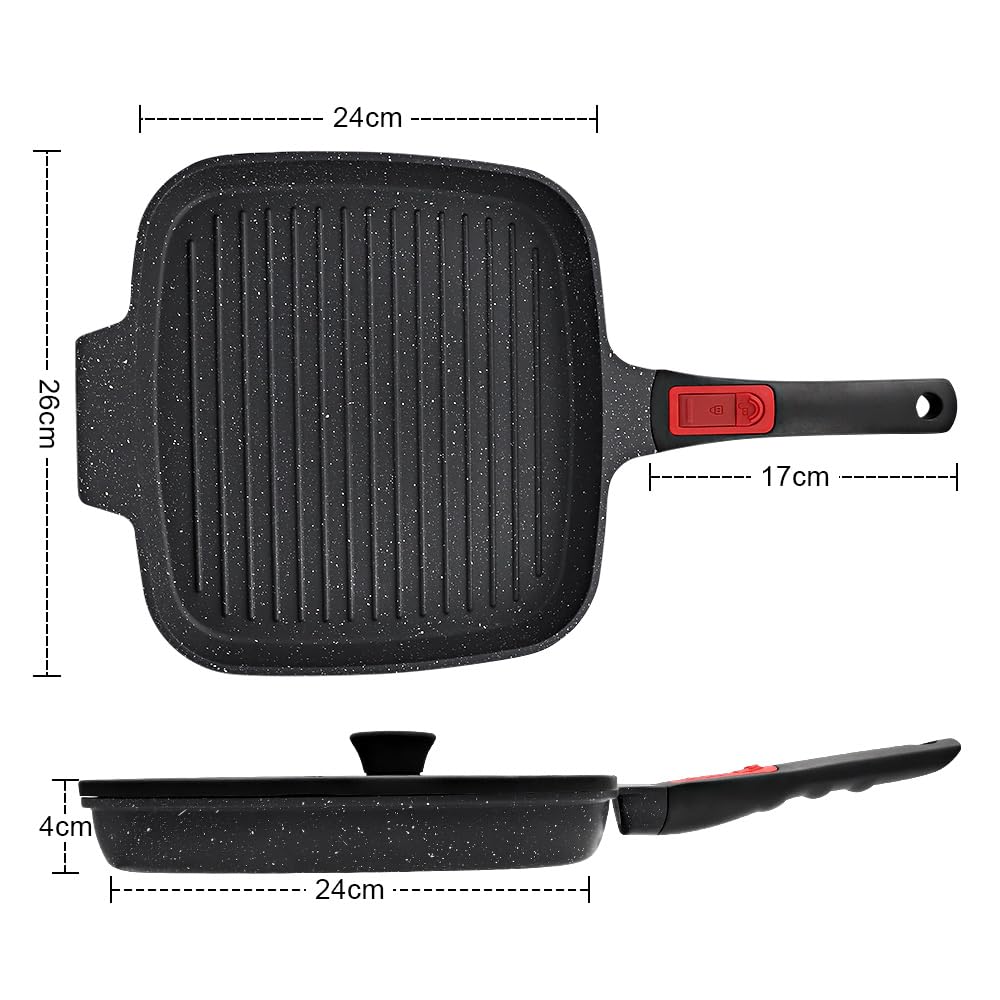 RANX INGST Griddle Pan with Lid, 10 Inch Cast Aluminium Non Stick Grill Pan with Detachable Handle for Induction Hob, Black