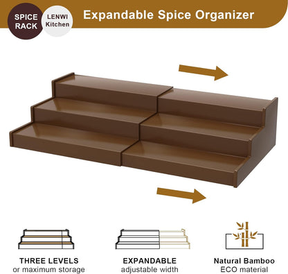 Spice Rack Organizer for Cabinet 2 Pack - 3 Tier Expandable Bamboo Spice Storage for Kitchen Cabinet, Pantry (Brown)