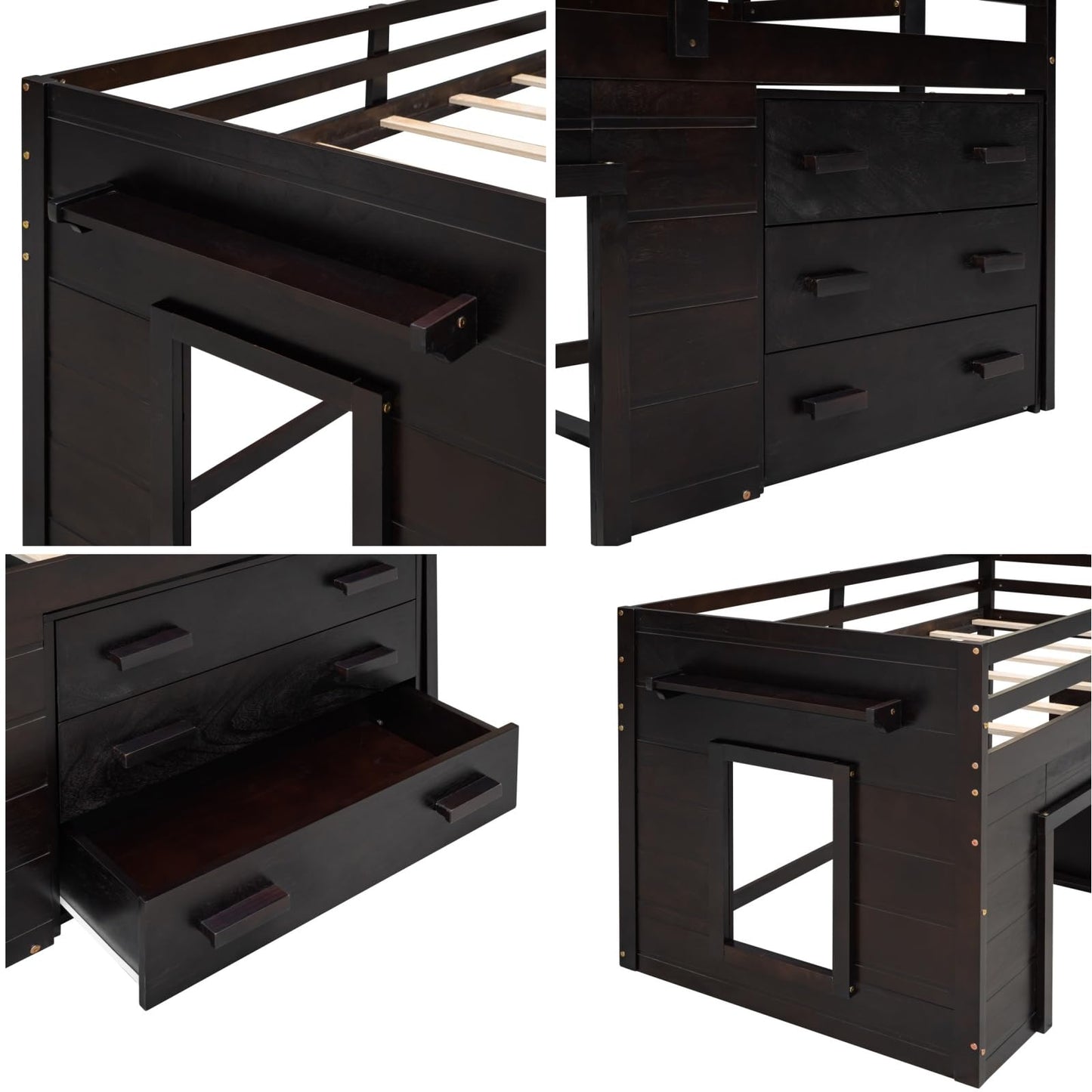 Merax Twin Wooden Loft Bed，Wood Bedframe for Kids Teens， Adults Bedroom with Cabinet, Shelf, Stairs, Espresso