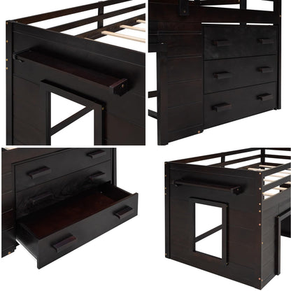 Merax Twin Size Loft Bed, Wood Bedframe for Kids Teens Adults Bedroom with Cabinet, Shelf, Stairs, Espresso