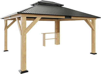 AMERLIFE 13x15 Spruce Wood Hardtop Carport, Outdoor Gazebo with Double Metal Roof & Storage Bar, Paviloin with Wood Frame for Patio, Parties, Garage, Lawns
