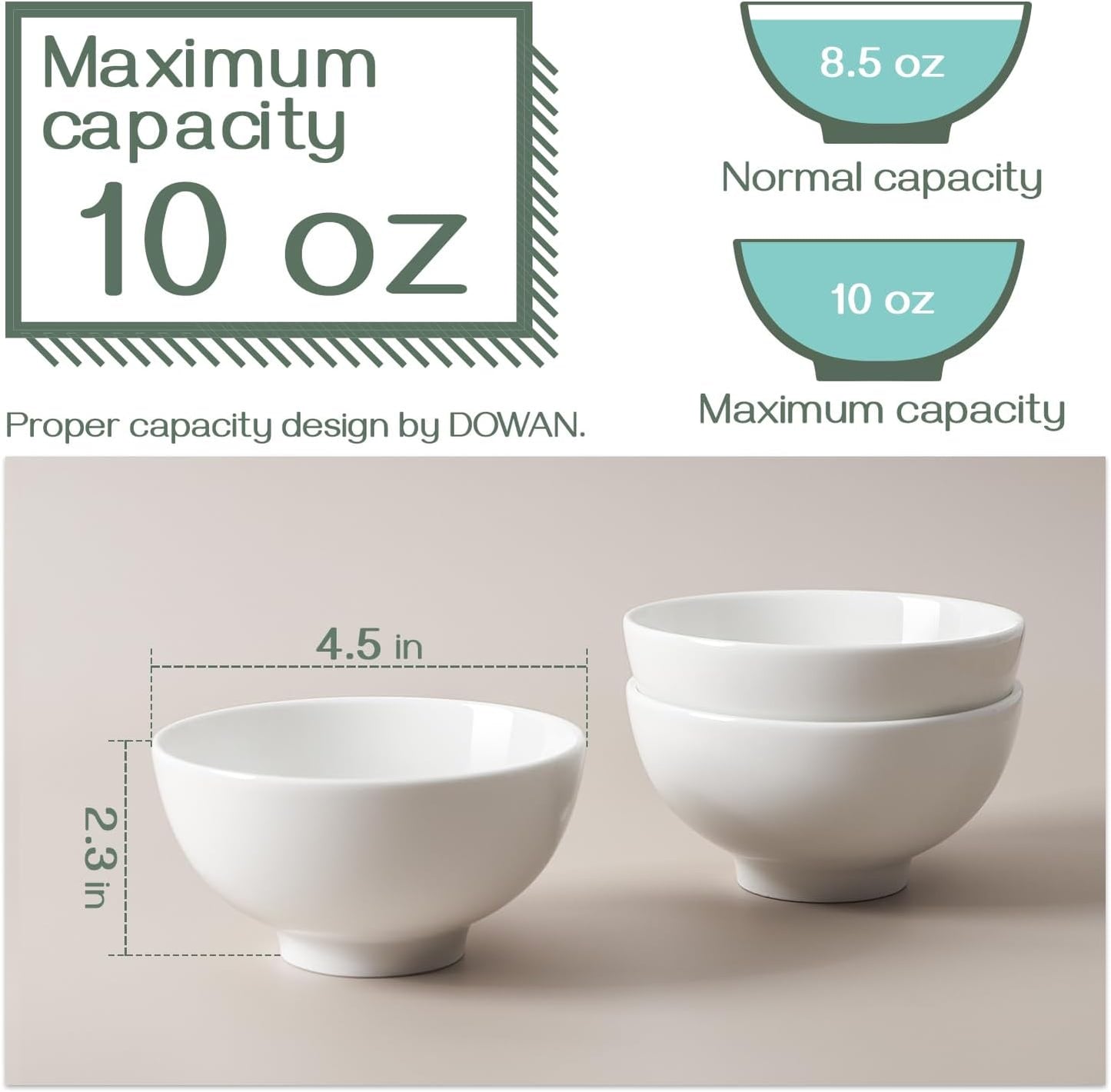 DOWAN 10 OZ Off-White Small Dessert Bowls Set of 8 - 4.5" Ceramic Cereal Bowls for Soup, Rice, Ice Cream