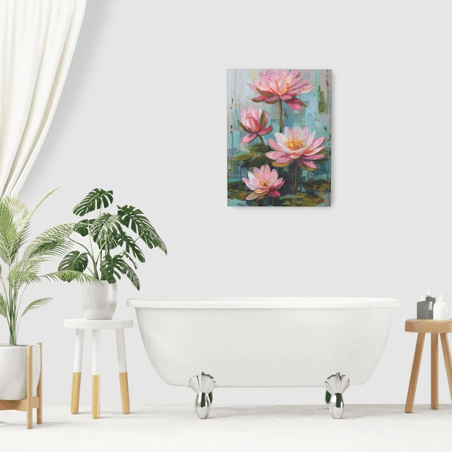 Pink Lotus Wall Art Zen Floral Pond Painting Meditation Peaceful Pictures Spa Room Wall Decor Artwork Framed Decoration For Bathroom Bedroom Living Room Office 12"x16"