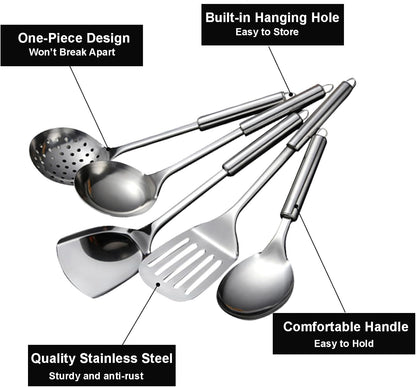 Stainless Steel 5-Piece Utensil Set: Heat Resistant Cooking Tools, Slotted Spoon, Spatula, Large Spoon