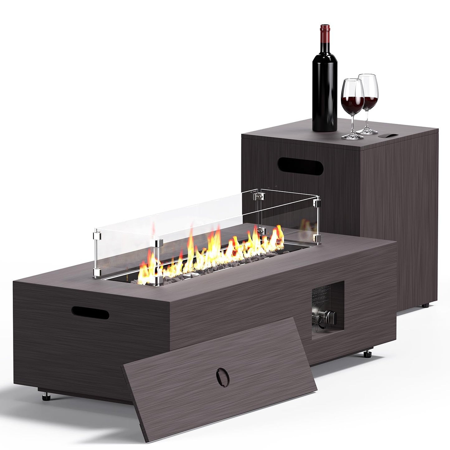 Jocoevol 42in Fire Pit Table Propane Fire Pit 2 Piece Rectangular Gas Fire Pits 50,000 BTU with Wind Guard Propane Tank Cover Table Lava Rocks for Outdoor Outside Patio