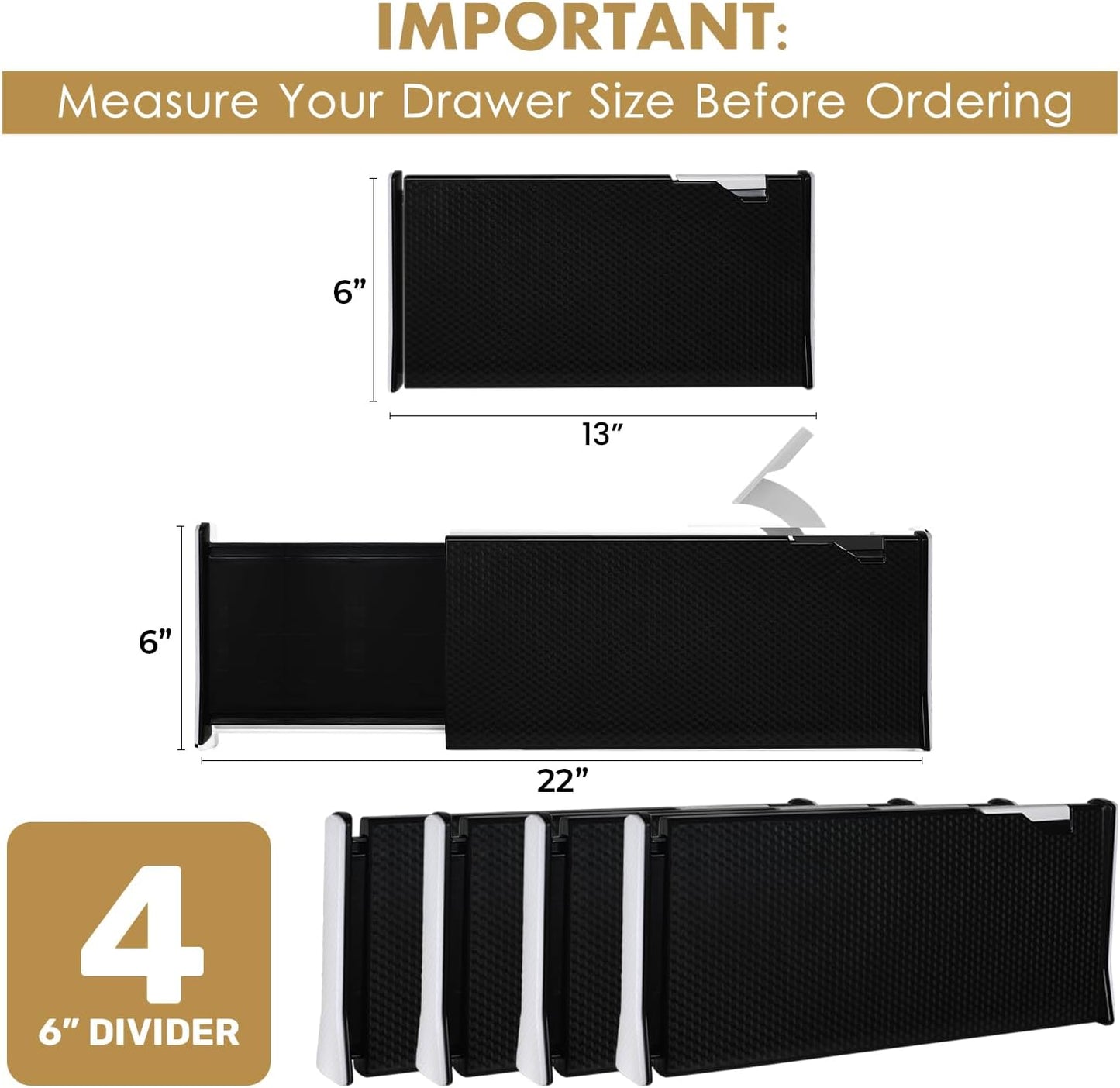 RAPTUROUS 4 Pack Deep Drawer Dividers, Adjustable Organizer for Clothing, Dresser, Kitchen, Black