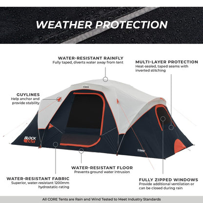 CORE 9 Person Dark Room Tent | Best Car Camping Outdoor Family Blackout Dome Tent | Included Wall Organizer for Camping Accessories