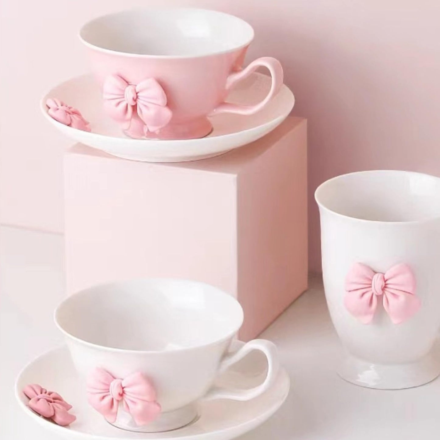 Disoza Bow Coffee Mugs Set with Saucer 200 ML Coquette Mug Porcelain Bow Cute Tea Cup Coffee for Women Girl