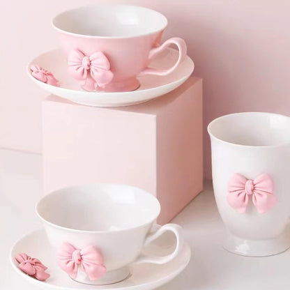 Disoza Bow Coffee Mugs Set with Saucer 200 ML Coquette Mug Porcelain Bow Cute Tea Cup Coffee for Women Girl