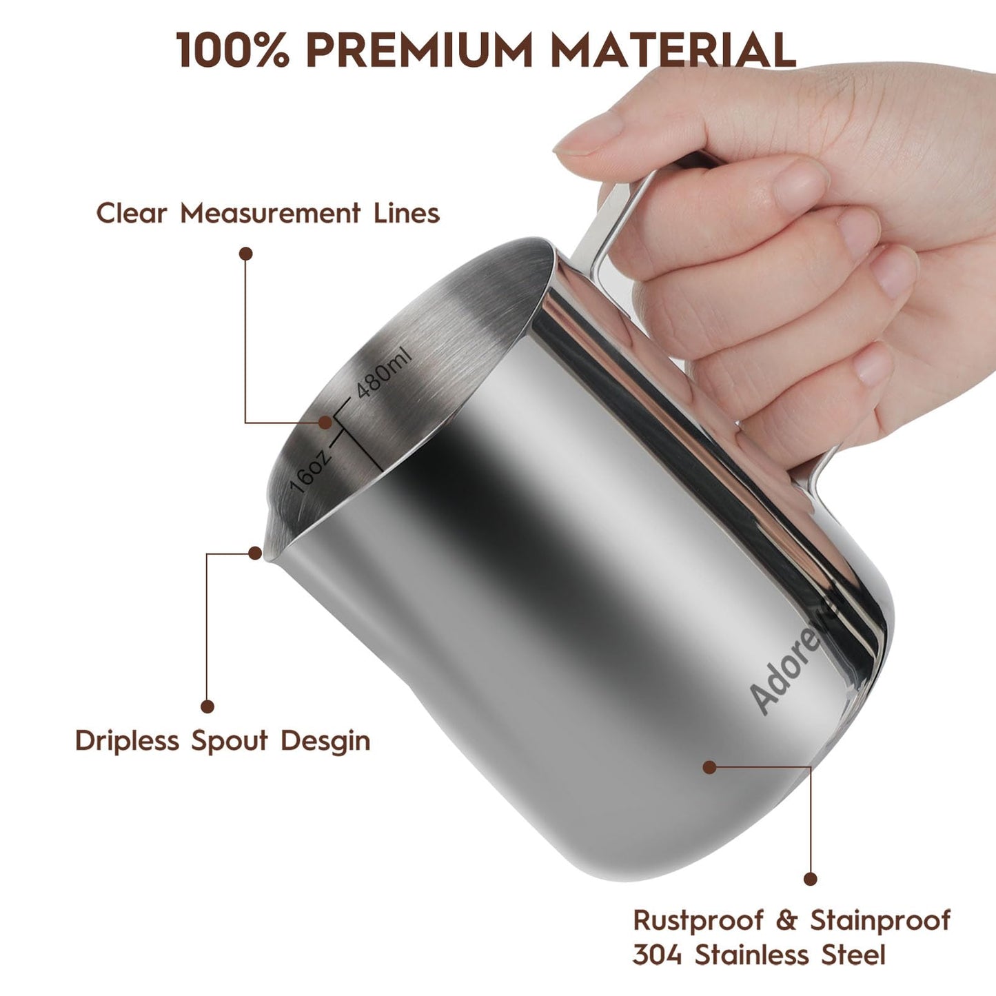 Adorever Milk Frothing Pitcher, 16oz 480ml Milk Frother Cup Stainless Steel Steaming Pitcher, Coffee Bar Cappuccino Espresso Machine Accessories Barista Tools, Steamer Cup Milk Jug with Latte Art Pen