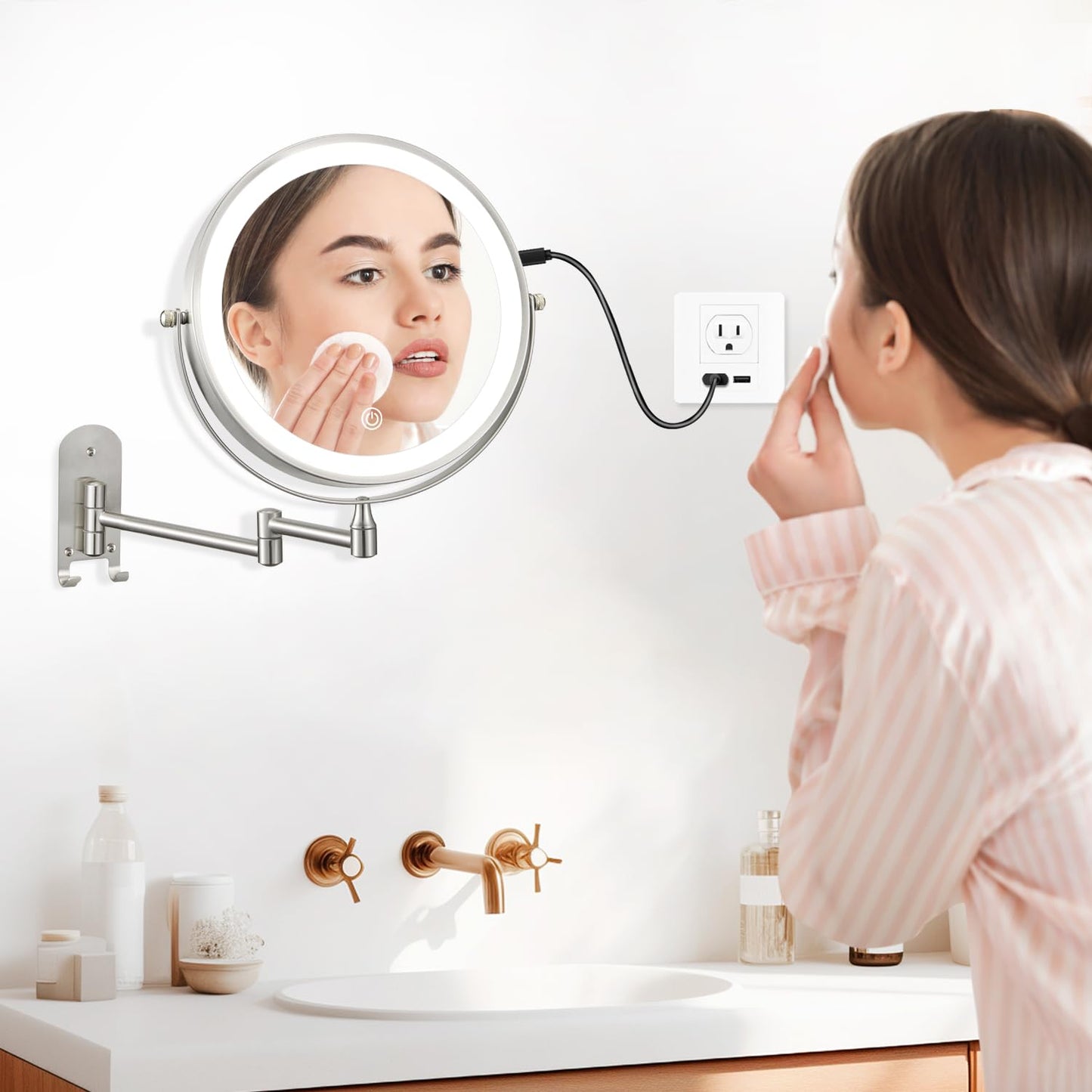 ALHAKIN 9" Wall Mounted Lighted Makeup Mirror, Large Rechargeable 1X/10X Magnifying Mirror with 3 Color Lights Dimmable, 360° Rotation, Nickel