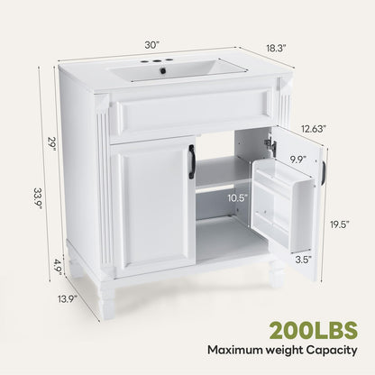 Sweetcrispy 30" Bathroom Vanity with Sink, Bathroom Storage Vanity Sink with 2 Doors, Farmhouse Wooden Free Standing Bathroom Cabinet with Sink, Easy Assembly, NO Mirror Faucet, Ivory White