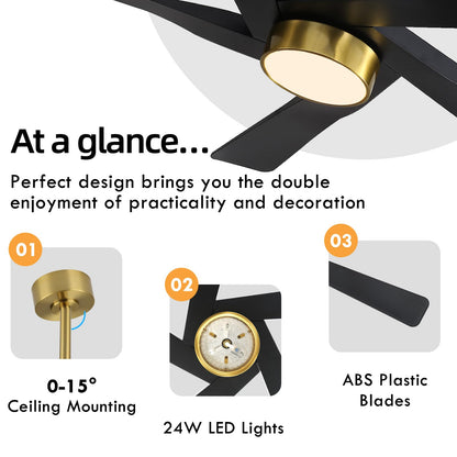 WINGBO 64" ABS DC Ceiling Fan with Lights, 5 Blade ABS Plastic Ceiling Fan with Remote, 6-Speed Reversible DC Motor, LED Ceiling Fans for Kitchen Bedroom Living Room, Brass and Matte Black