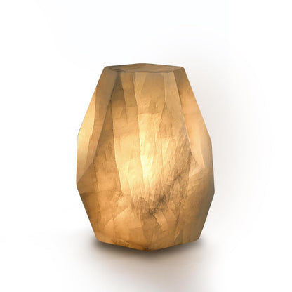 Artsolute Handcrafted Solid Stone Lamp Carved from Natural Calcite, Unique Crystal Texture, Dimmable Small Table Lamp for Bedside, Accent, Pentagon White