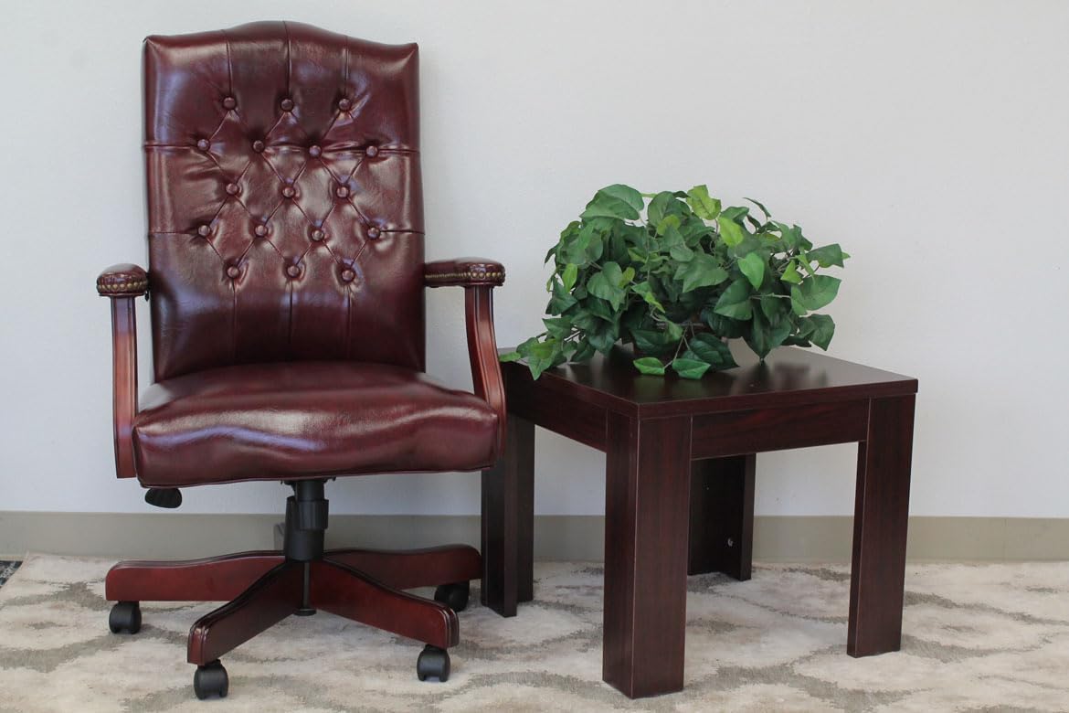Pemberly Row High Back Executive Chair, Faux Leather with Tufted Design, Oxblood Finish, Mahogany Wood Frame, Height Adjustable with Rolling Casters, Padded Armrests, Office Chair 27" W x 28" D x