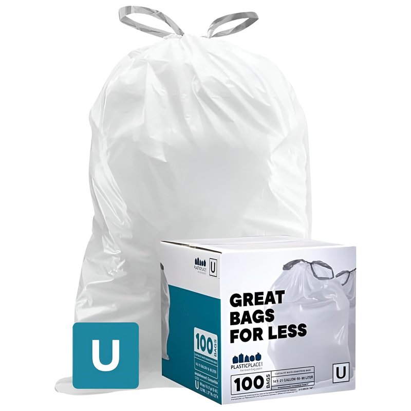 Plasticplace Custom Fit Trash Bags, Compatible with simplehuman Code U (100 Count) White Drawstring Garbage Liners 14.5-21 Gallon/ 55-80 Liter 26.5" x 32"