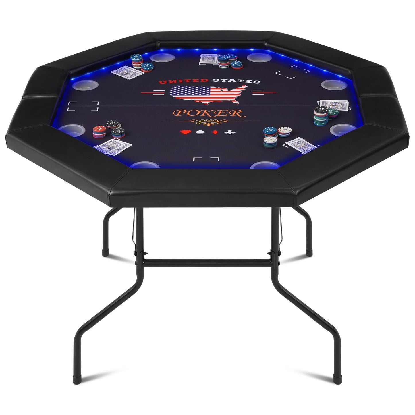 REAHOISY Foldable Poker Table with LED Lights, Octagon Casino Leisure Texas Holdem Table for 8 Player, Folding Blackjack Table w/Built-in LED Light, Padded Rails & Cup Holders for Home Game Room