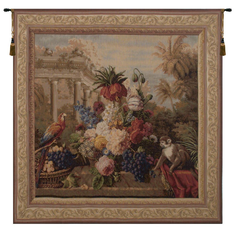 Charlotte Home Furnishings Inc. Bouquet Exotique With Monkey French Tapestry Wall Hanging 58 X 58 Inch Viscose Cotton And Polyester Blend Wall Art Perfect For Home Decor And Wall Decor