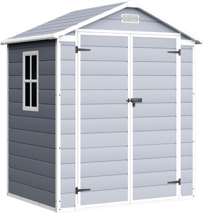 Devoko 6 x 4 FT Plastic Outdoor Storage Shed with Floor, Resin Tool Shed with Window, Outside Waterproof Garden Shed with Lockable Door for Patio, Backyard, Poolside, Light Grey