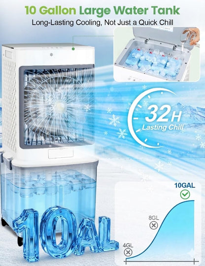 Swamp Cooler,Portable Air Conditioners Evaporative Air Cooler,Windowless Portable AC Unit Cooling Fans That Blow Cold Air With 10 Gallon WaterTank,Ultra Quiet for Room,Restaurant,Indoor,Outdoor,Garden
