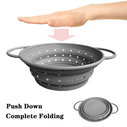 Collapsible Colander with Handle, Silicone Kitchen Colander for Easy Storage,Four-side Fast Draining Silicone Draining Basket, Perfect for Fruits Vegetables (Gray L)