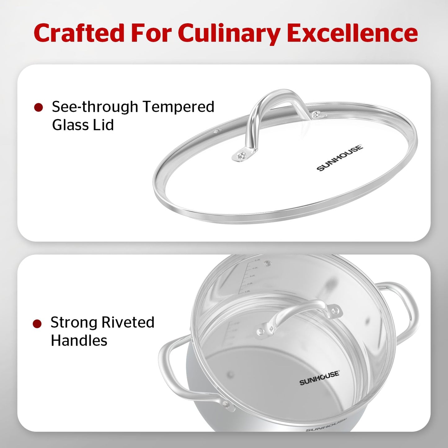 SUNHOUSE Stainless Steel Stock Pot - 16 Quart Heavy-Duty Induction Cooking Pot with Visible Lid for Pasta, Soup, Spaghetti - Nonstick Thick-Bottom Deep Stockpot for Canning, Boiling, and Simmering