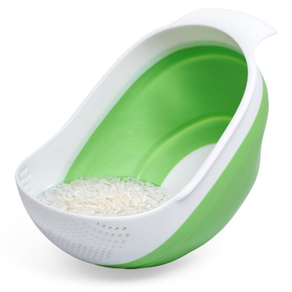 Kitchen Gizmo Collapsible Rice Strainer - Silicone Rice Washer Strainer Bowl - BPA Free - Space Saving Design - Lightweight and Easy to Clean - 9.1 x 7.1in High - Green/Grey