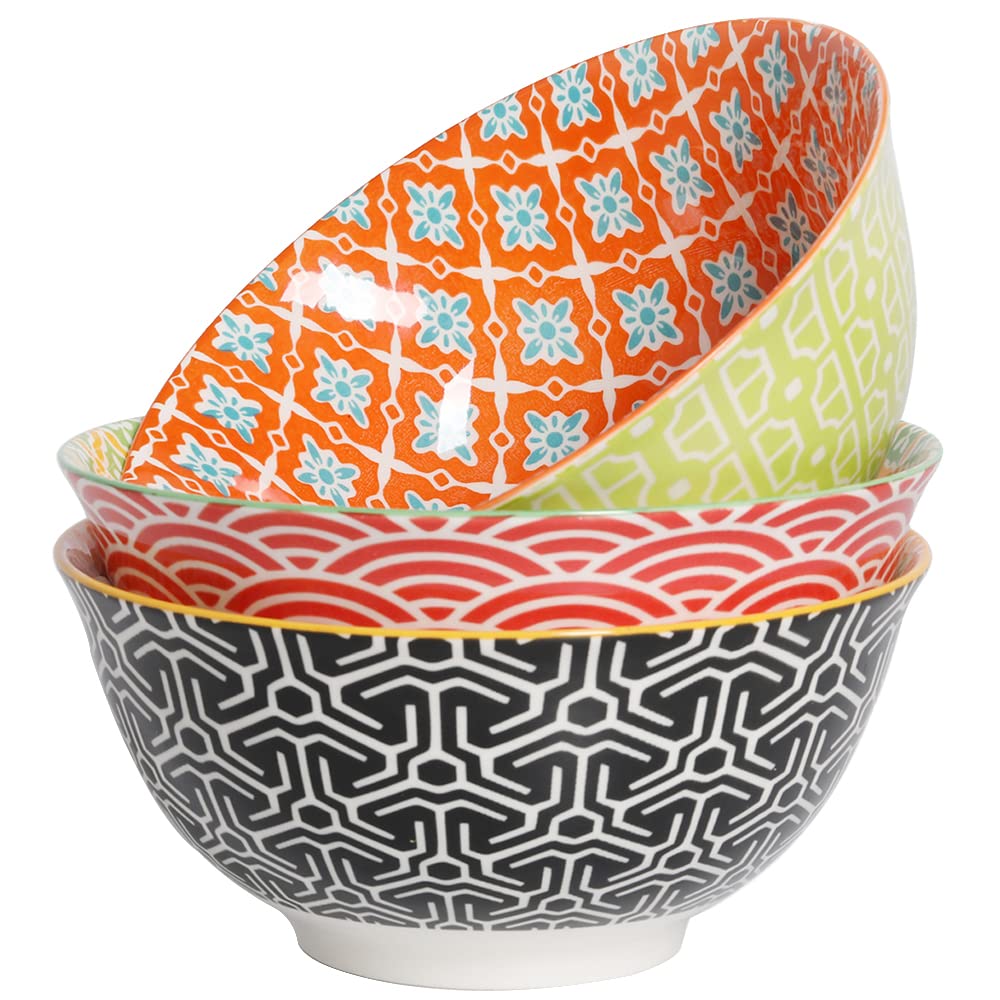 Metahom Salad Soup Bowls, Large Serving Bowls for Pho, Pasta Rarmen, 48 Oz Stackable Ceramic Bowls for Kitchen, Set of 3, Microwave & Dishwasher Safe