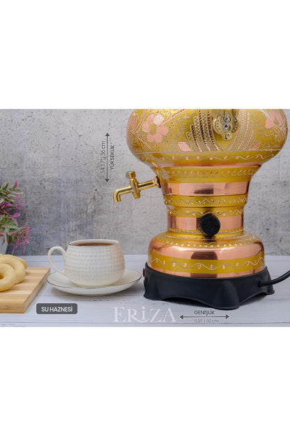 Electric Samovar 5.2 Liter 220V Ornate Copper Tea Urn for Traditional Turkish Tea Service - Gold