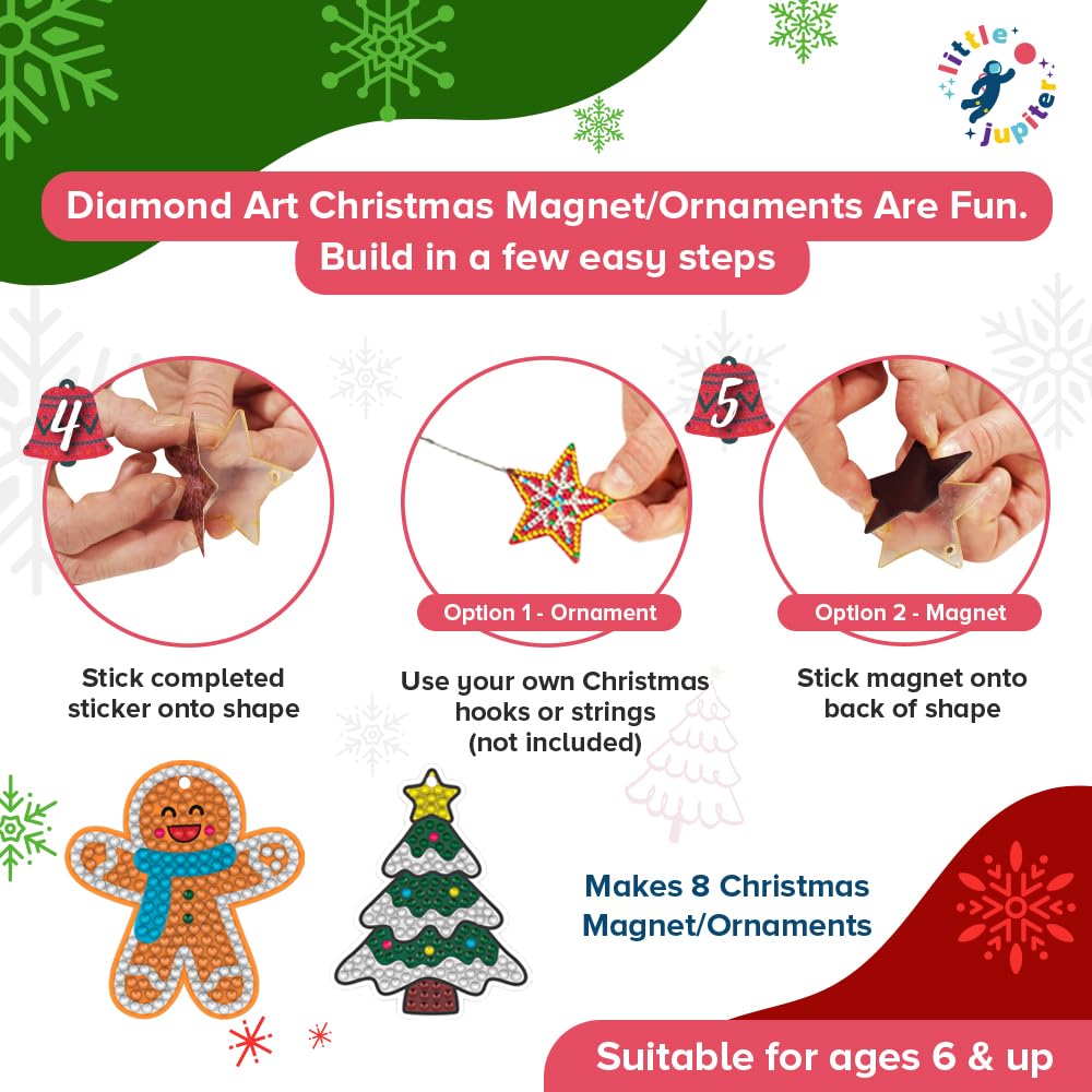 Little Jupiter DIY Magnet & Diamond Art Christmas Ornaments for Kids Set - Makes 8pcs - Crafts - Diamond Art Kits for Kids - Ornament Kits
