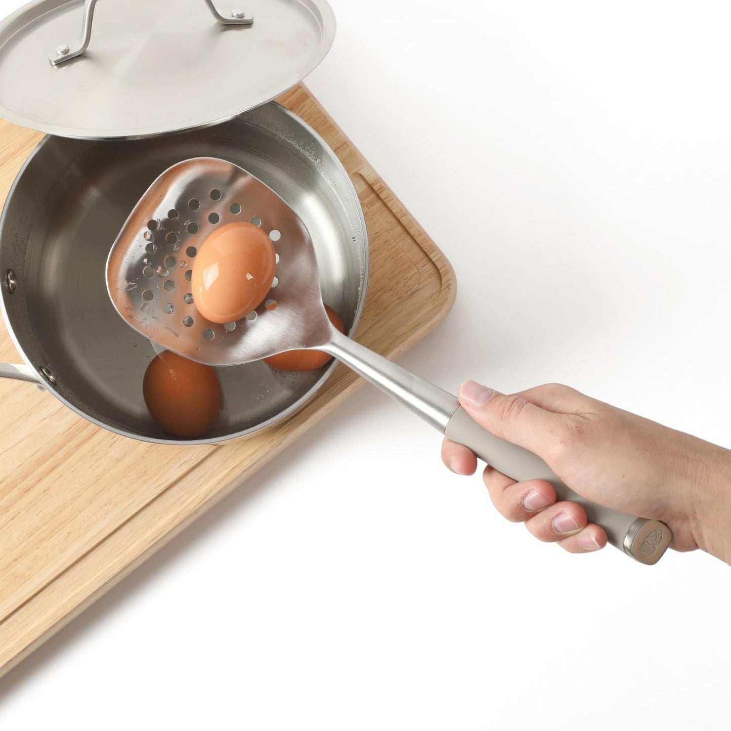 Calphalon Edge Stainless Steel Slotted Spoon/Skimmer with Taupe Handle, Slotted Cooking Tool for Draining and Skimming, Heat-Resistant, Durable Kitchen Utensil for Everyday Use