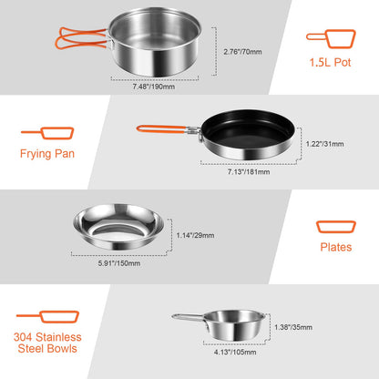 Odoland 15pcs Stainless Steel Camping Cookware Camping Pot and Pan Set with Portable Camping Stove Camping Mess Kit with Plates Bowls Forks Knives Spoons for Hiking Backpacking and Picnic