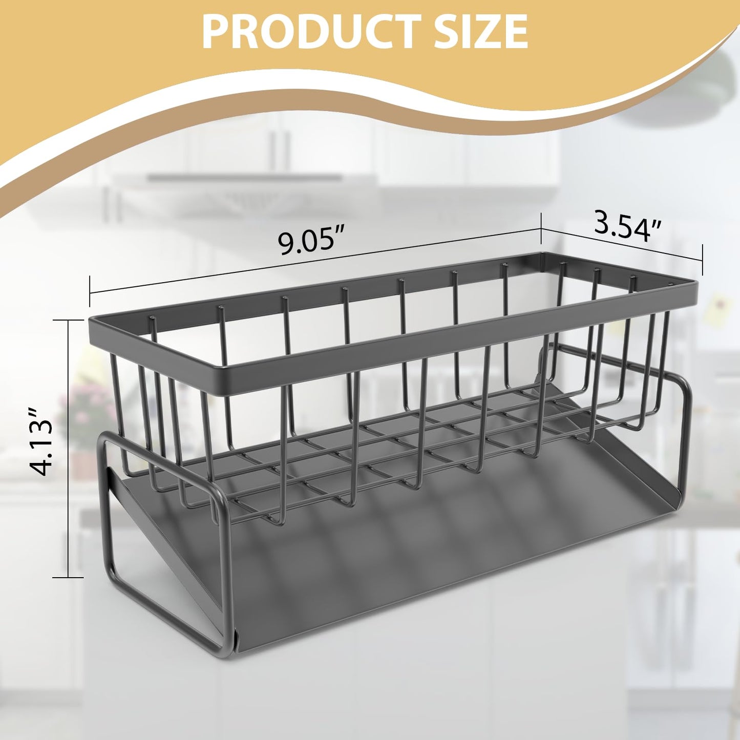 KABUM Sponge Holder Drain Rack for Kitchen Sink - 4-in-1 Organizer Holds Sponge, Soap, Stopper & Mini Brush, 9” Long Rustproof Carbon Steel Tray, Essential Kitchen Storage for a Tidy countertop, Grey