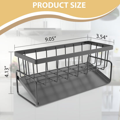 KABUM Sponge Holder Drain Rack for Kitchen Sink - 4-in-1 Organizer Holds Sponge, Soap, Stopper & Mini Brush, 9” Long Rustproof Carbon Steel Tray, Essential Kitchen Storage for a Tidy countertop, Grey