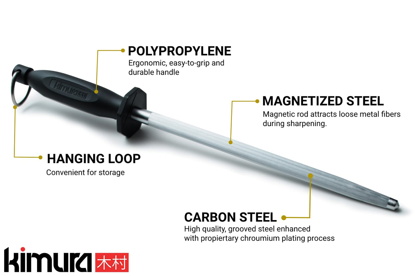 Kimura® Professional Honing Steel, 10 inch Honing Rod, Carbon Steel Knife Sharpener, Magnetized Steel, Ergonomic & Balanced Polypropylene Handle, Ideal for All Chef Knives, Japanese Gift Box
