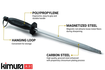 Kimura® Professional Honing Steel, 10 inch Honing Rod, Carbon Steel Knife Sharpener, Magnetized Steel, Ergonomic & Balanced Polypropylene Handle, Ideal for All Chef Knives, Japanese Gift Box