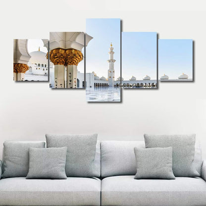 TUMOVO Kitchen Wall Art: Mosque Square Pictures, 5 Panel Canvas Artwork, Wooden Islamic Religious Shrine Decor