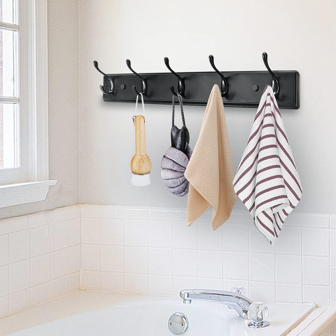 Wooden Coat Rack, Wall-Mounted Organizer for Closet, Entryway, Heavy Duty Double Hooks for Hanging Towels, Black