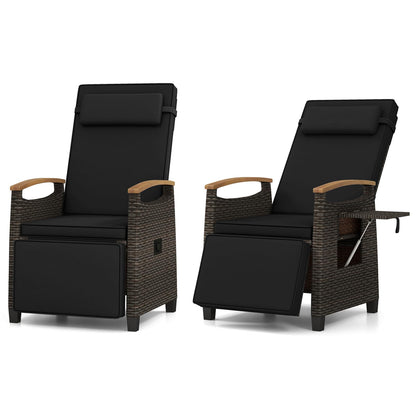 RELAX4LIFE Rattan Outdoor Recliner Chair - Wicker Chaise Lounge Chair w/Adjustable Back & Footrest, Acacia Wood Armrests, Flip Side Table, Cushion, Reclining Patio Chair for Pool Yard (2, Black)