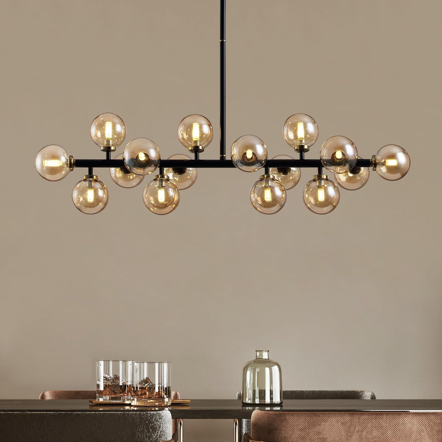 APBEAMLighting Mid Century Modern Chandeliers for Dining Room, 39" Linear Pendant Light Fixtures with Amber Glass Globe, 16-Light Sputnik Hanging Light for Living Room Kitchen Island
