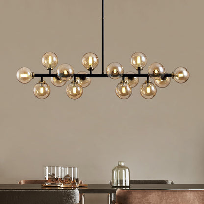 APBEAMLighting Mid Century Modern Chandeliers for Dining Room, 39" Linear Pendant Light Fixtures with Amber Glass Globe, 16-Light Sputnik Hanging Light for Living Room Kitchen Island
