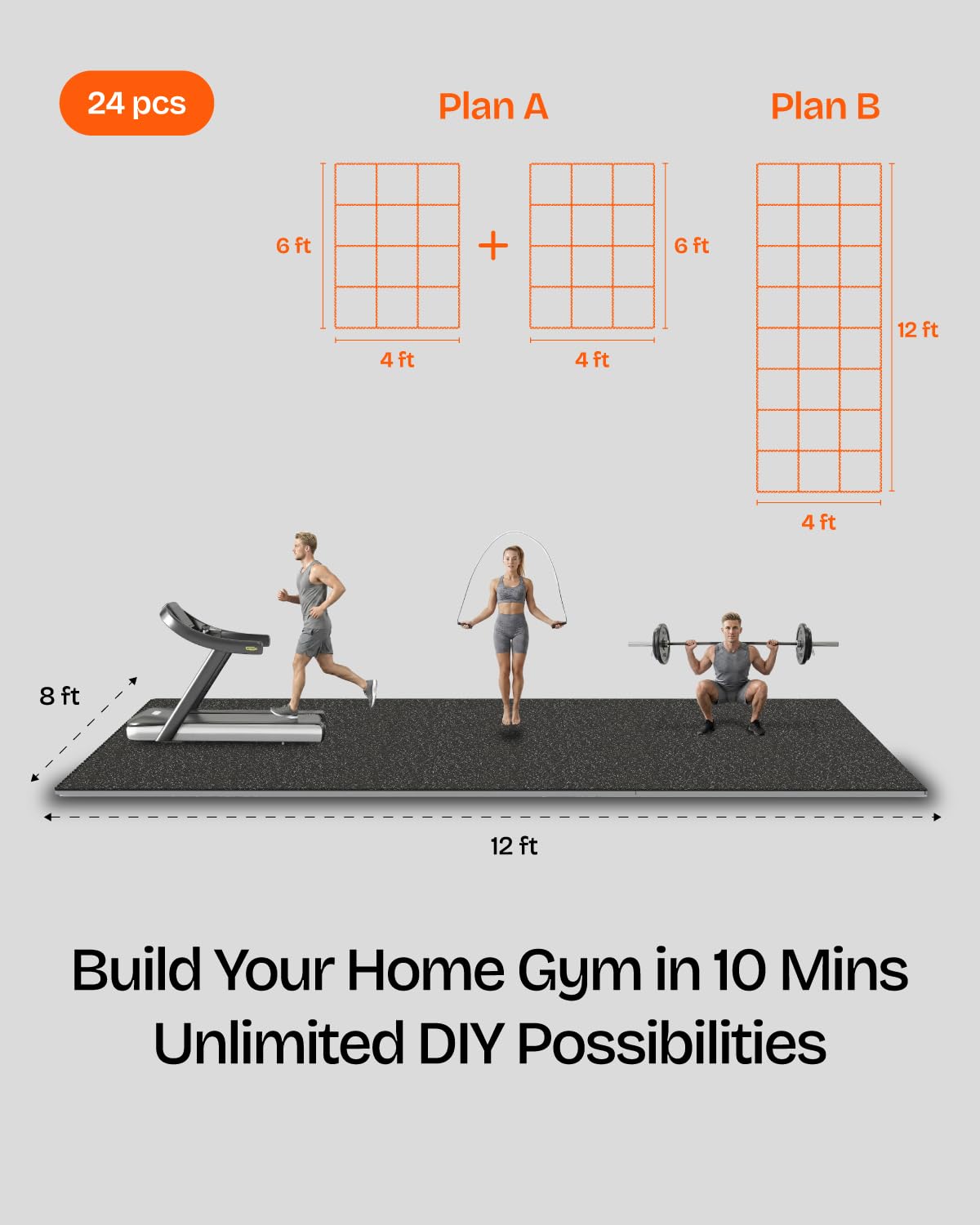 Vivaluz 0.56 Inch Thick 96 Sq Ft Gym Flooring for Home Gym, 24 Tiles Robust Rubber Top with Eva Foam Exercise Equipment Mats, Protective Flooring Puzzle Mat for Fitness Room