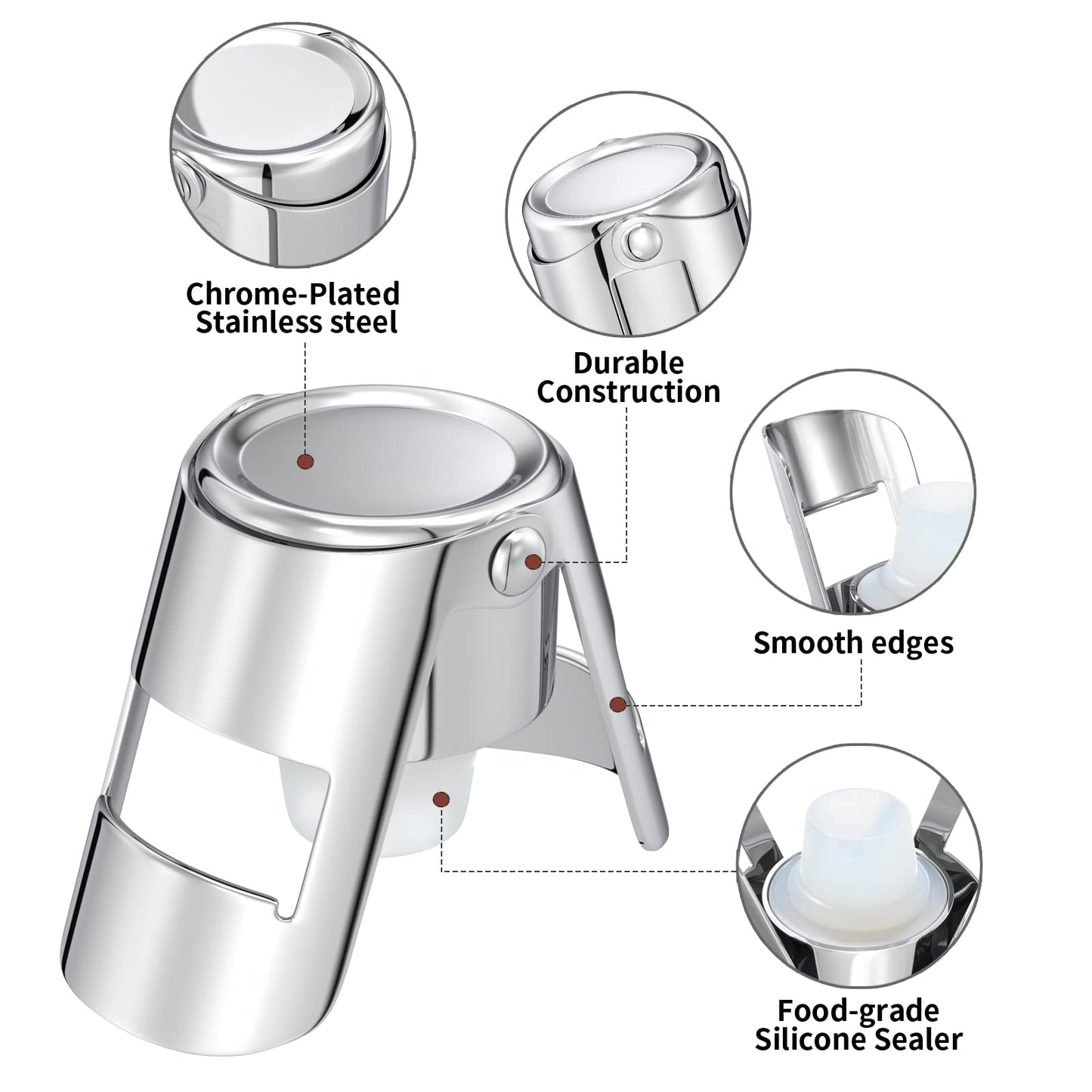 HYZ Champagne Stoppers - Stainless Steel Sparkling Wine Bottle Stopper with Pure Silicone Air Tight Seal - Professional Wine Saver for Champagne，Prosecco and Cava (2Pack Chrome)