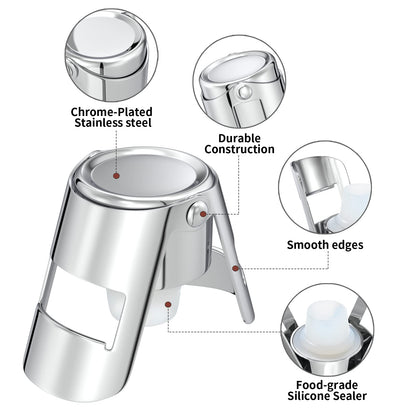 HYZ Champagne Stoppers - Stainless Steel Sparkling Wine Bottle Stopper with Pure Silicone Air Tight Seal - Professional Wine Saver for Champagne，Prosecco and Cava (2Pack Chrome)