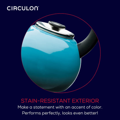 Circulon Enamel on Steel Whistling Induction Teakettle, Tea Kettle for Stovetop with Flip-Up Spout, 2-Quart, Turquoise